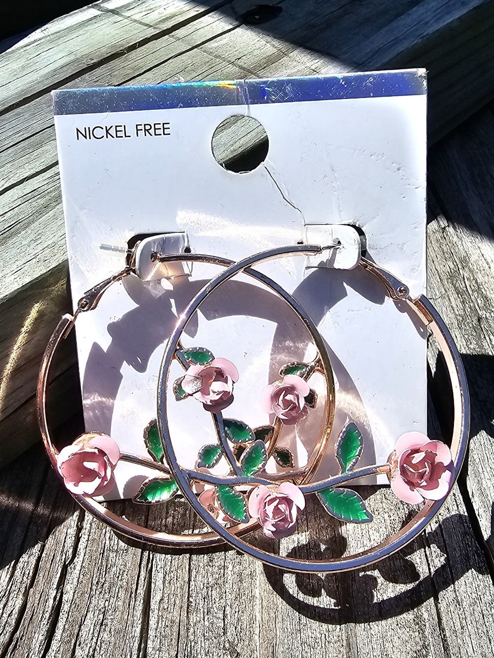 Rose Gold Floral Hoop Earrings Pink Rose Green Leaf Nickel Free NWT